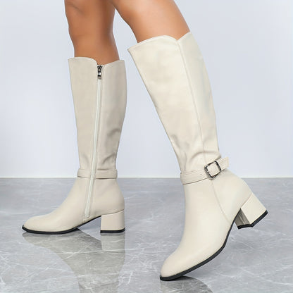 Women's Elegant Almond Mid Heel Knee-High Boots - Faux Leather