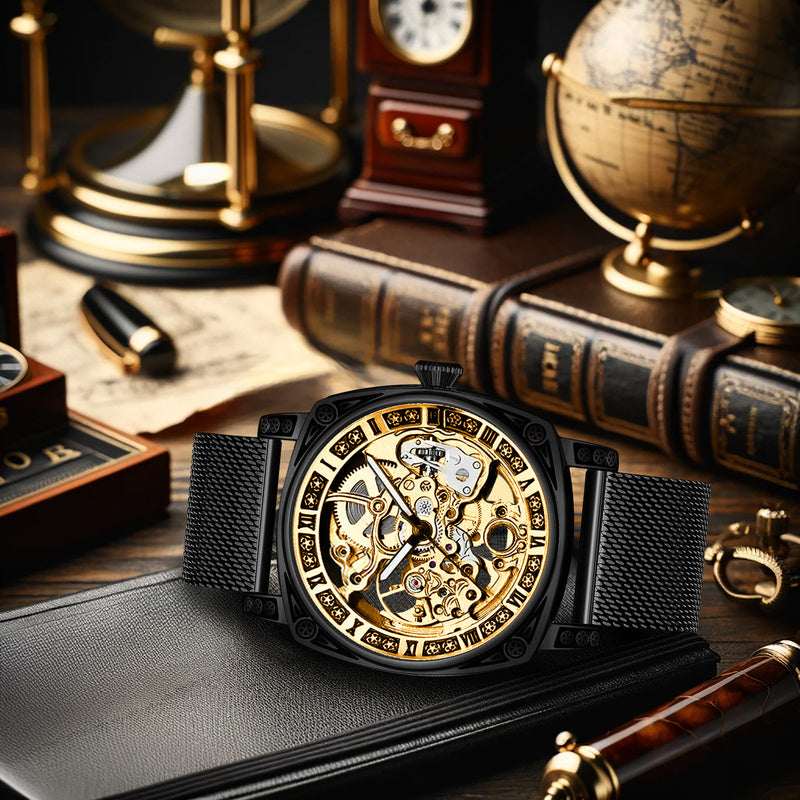 Auréline Automatic Hollow Mechanical Watch - Yellow Black Mesh