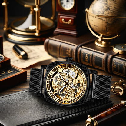 Auréline Automatic Hollow Mechanical Watch - Yellow Black Mesh