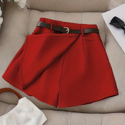 Women's Fashion Solid Color Shorts - Faux Pocket with Belt