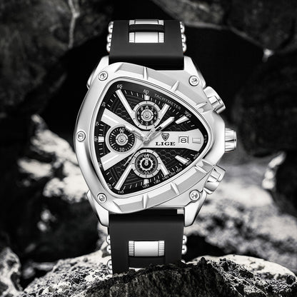 LIGE Men's Quartz Watch - Minimalist Triangle Dial World Time
