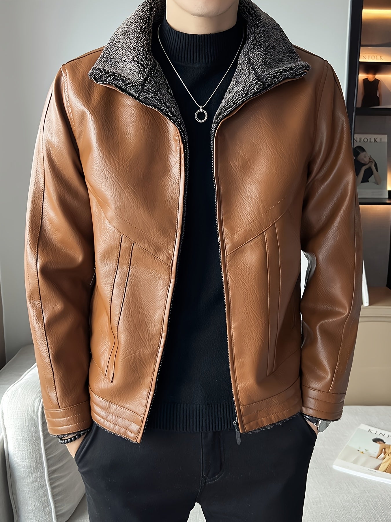 Men's Winter Thickened Bomber Jacket - Windproof Lapel PU