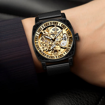 Auréline Automatic Hollow Mechanical Watch - Yellow Black Mesh