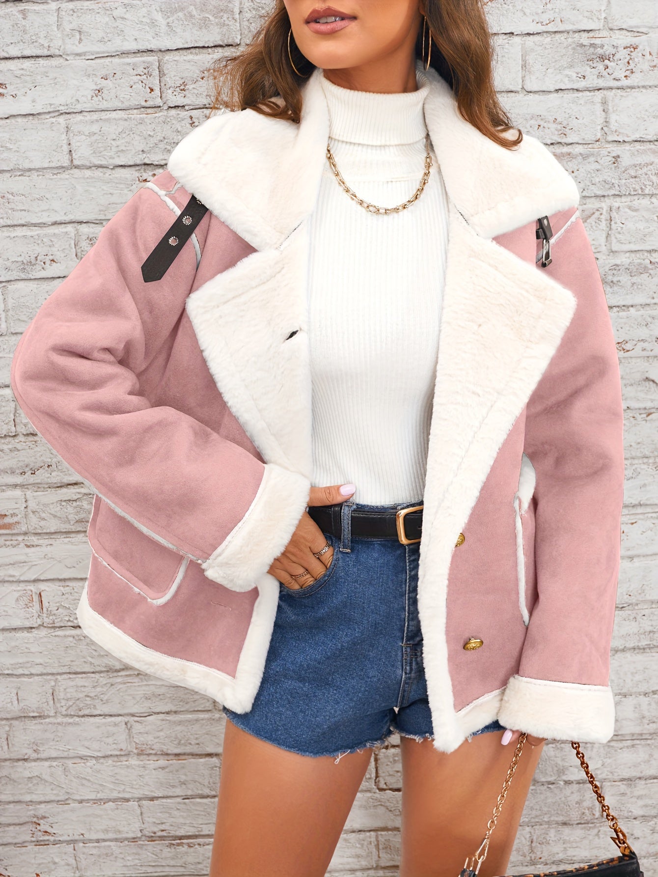 Women's Winter Jacket - Pink & White Collar with Pockets