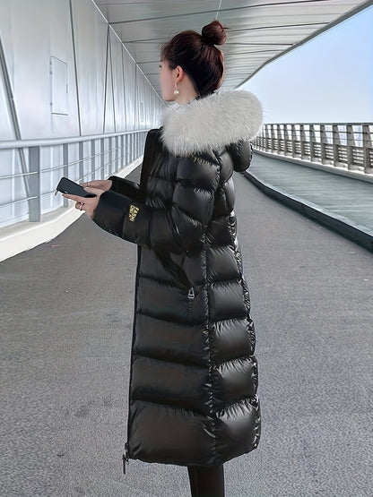 Women's Elegant Longline Coat - Faux Fur Hood