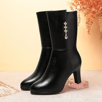 Women's Fleece-Lined Mid-Calf Boots - Rhinestone