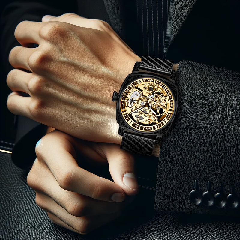Auréline Automatic Hollow Mechanical Watch - Yellow Black Mesh