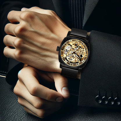 Auréline Automatic Hollow Mechanical Watch - Yellow Black Mesh