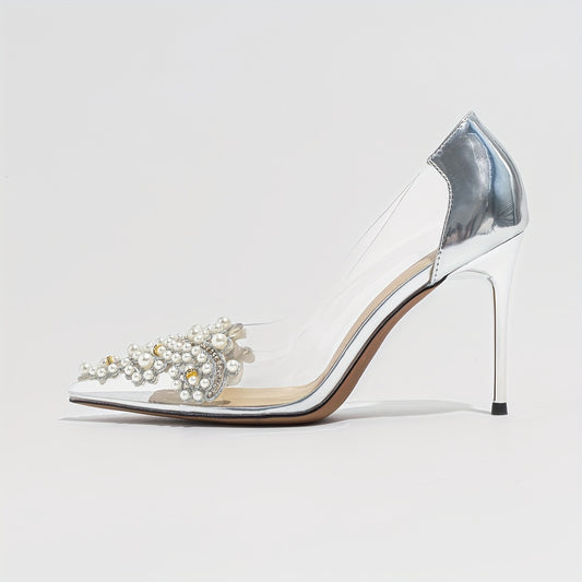 Transparent Pearl-Embellished Pointed-Toe Stiletto Heels
