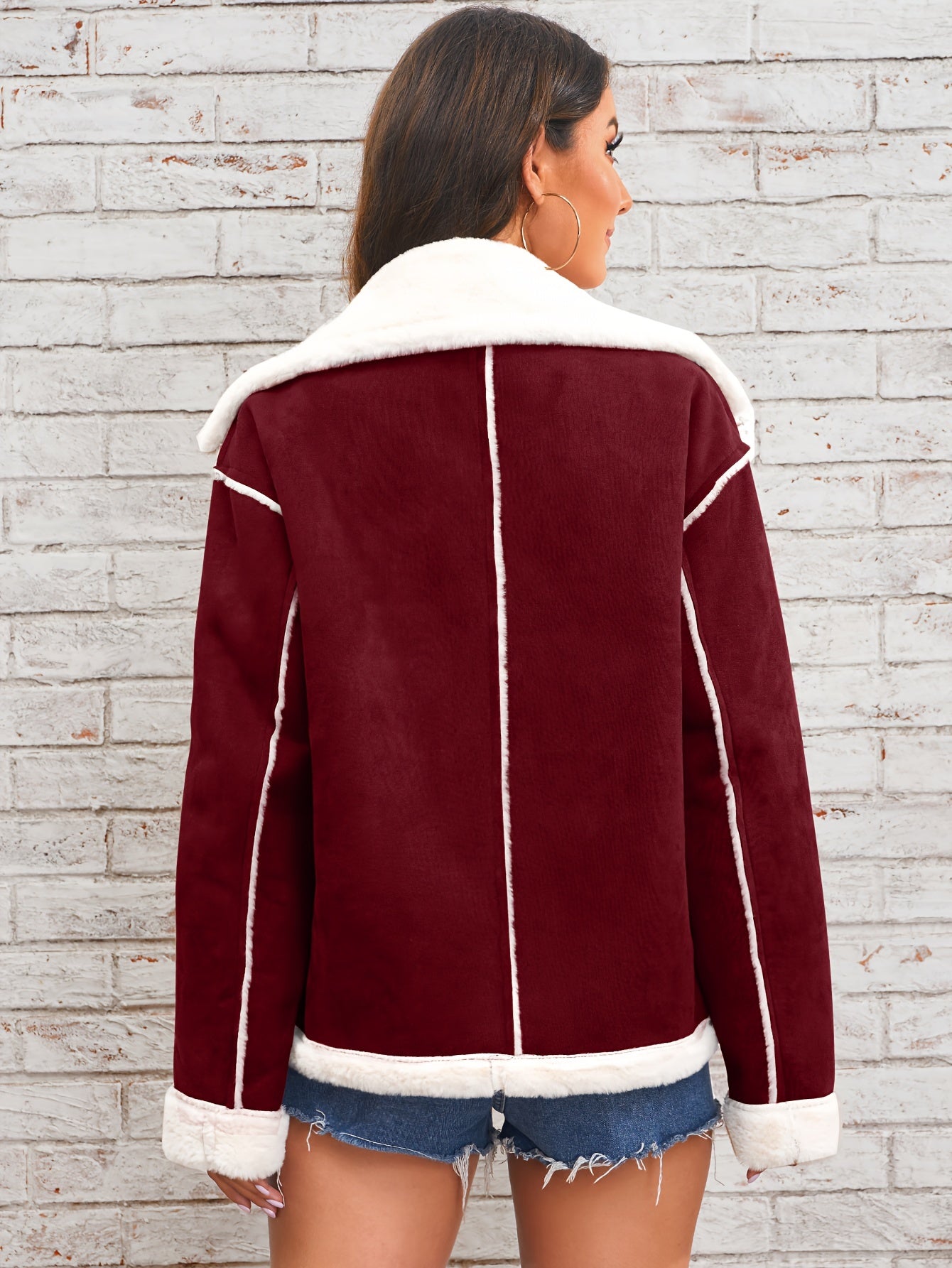 Women's Winter Jacket - Pink & White Collar with Pockets