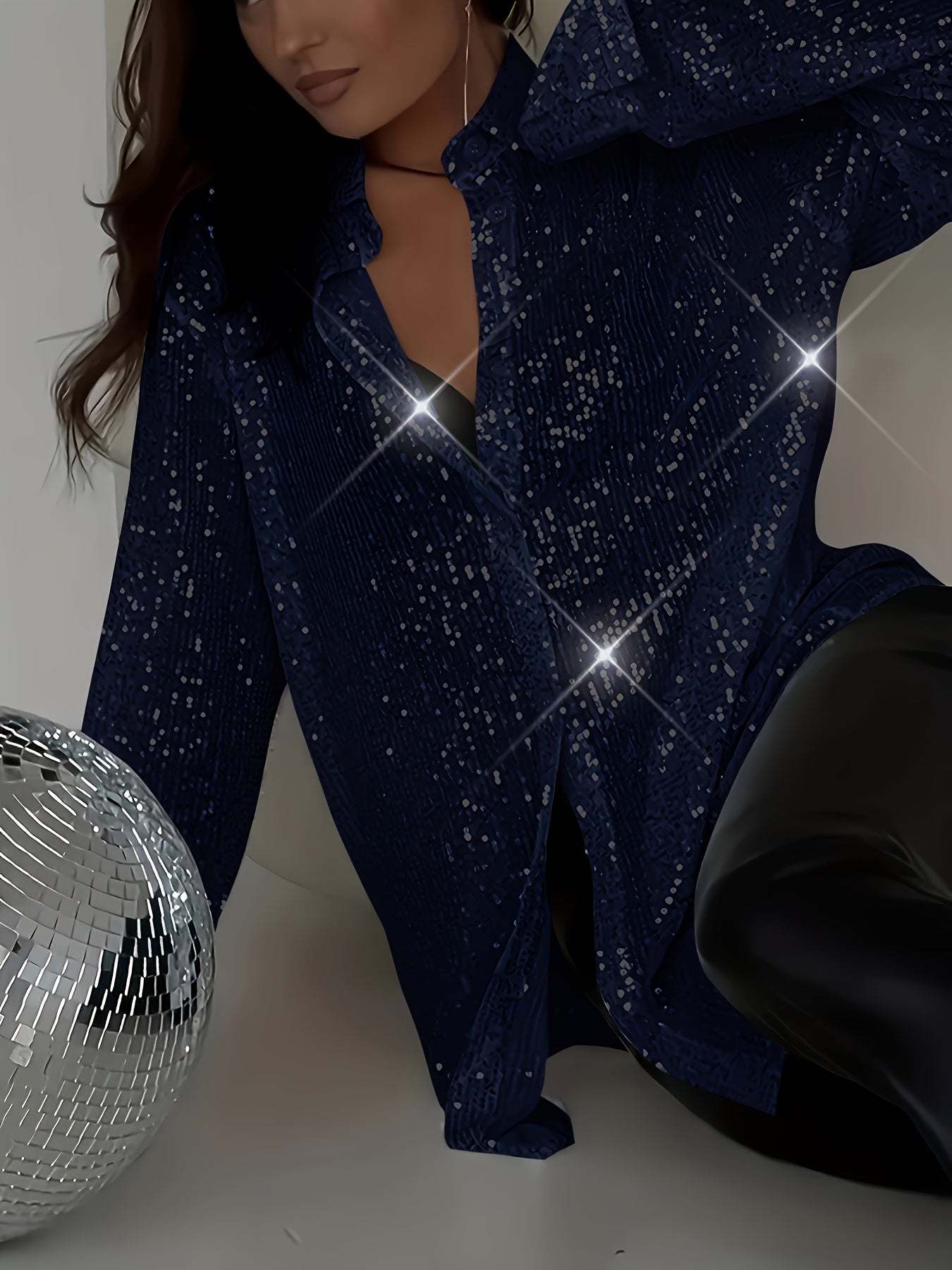 Plus Size Elegant Sequined Long-Sleeve Shirt - Lapel Collar