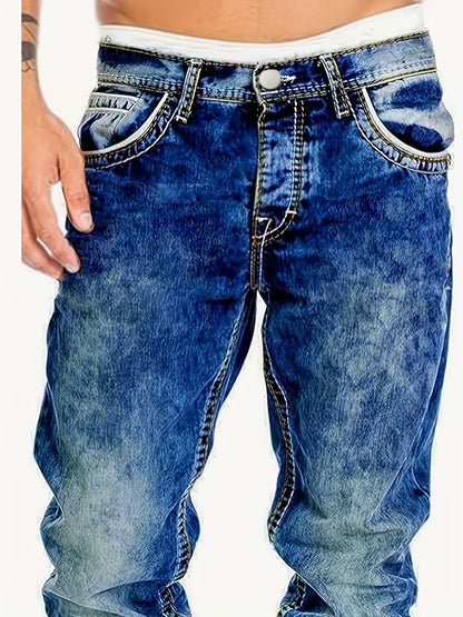 Men's Casual Stretch Denim Jeans - Distressed Washed Regular Fit