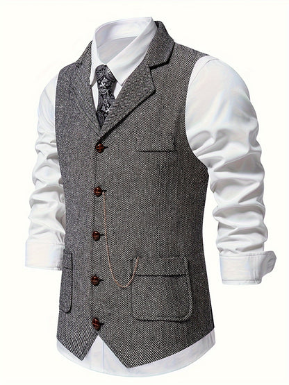 Men's Herringbone Tweed Vest - Single-Breasted Chain Detail Brown