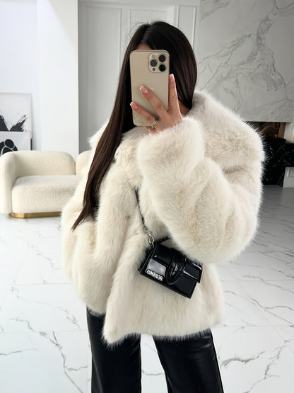 Women's Elegant V-Neck Faux Fur Coat - Solid Color Winter