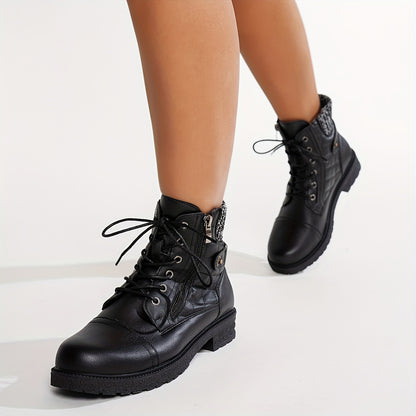 Women's Boots - Chunky Heel Lace-Up Side Zipper