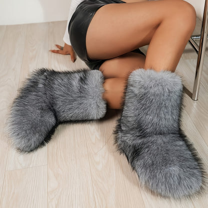 Women's Slip-On Mid-Calf Boots - Plush Faux Fur Lining Winter