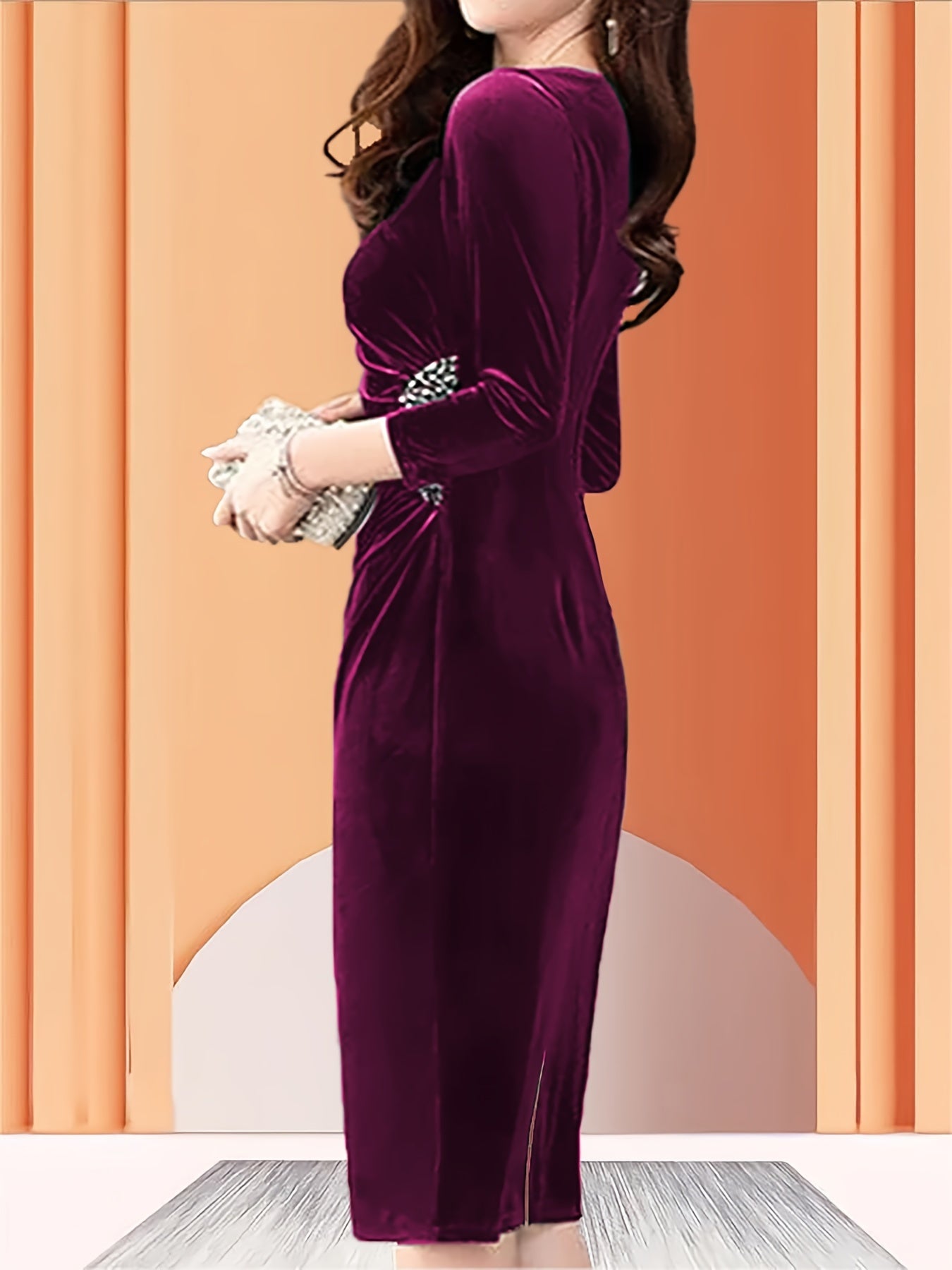 Women's Velvet Zipper Slit Dress - Elegant Slim Fit Ruched 3/4 Sleeve