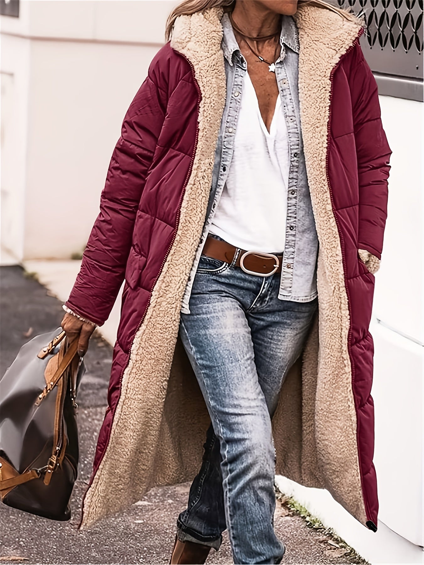 Plus Size Reversible Fuzzy Longline Winter Coat - Hooded Casual