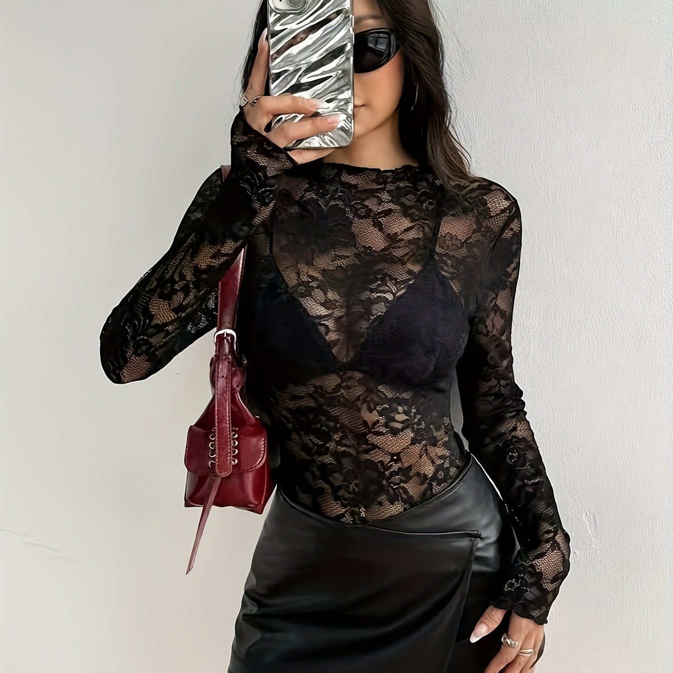 Women's Floral Mesh Long Sleeve Crop Top - Sexy Black & White