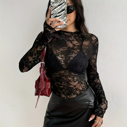 Women's Floral Mesh Long Sleeve Crop Top - Sexy Black & White