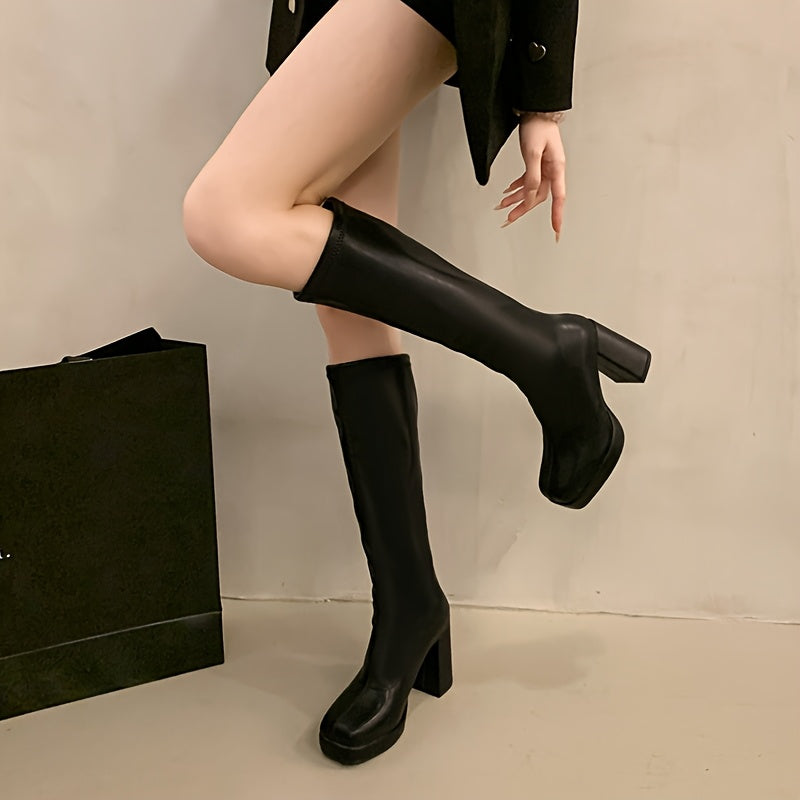 Women's Fashionable Knee-High Boots - Square Toe Block Heel