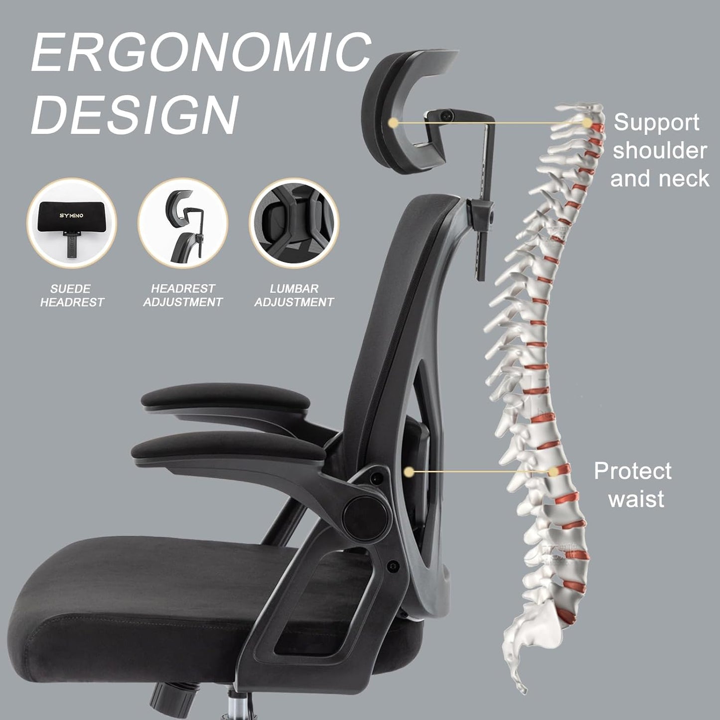 Symino Ergonomic Office Chair - Adjustable Headrest & Lumbar Support