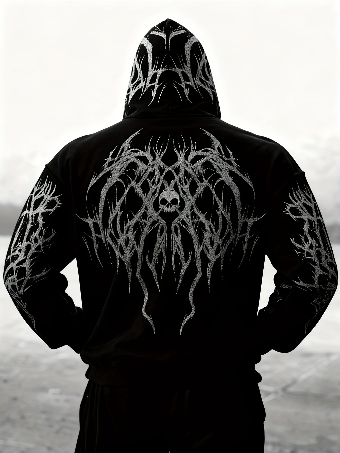 Men's Gothic Skull Print Zip Hoodie - Loose Fit with Pockets