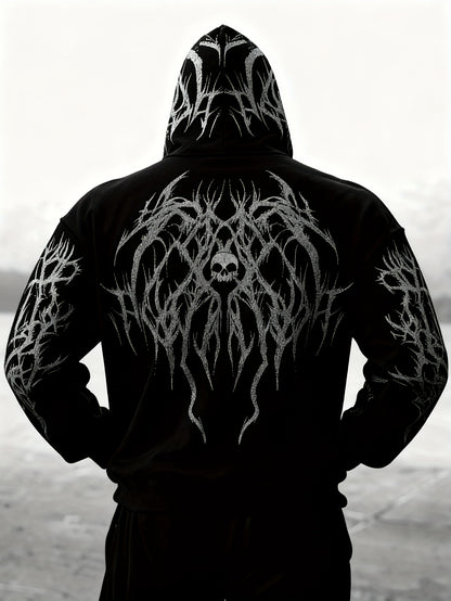 Men's Gothic Skull Print Zip Hoodie - Loose Fit with Pockets