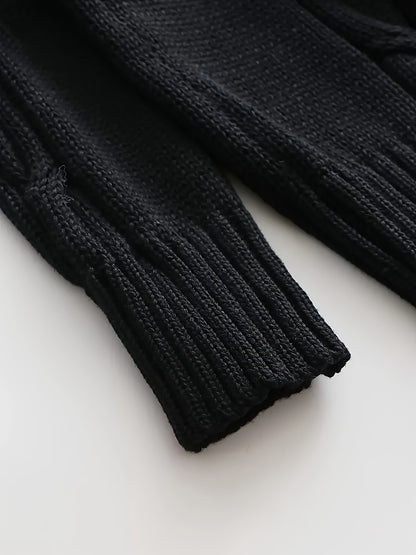 Men's Cable Knit Sweater - Black Large Lapel Ribbed