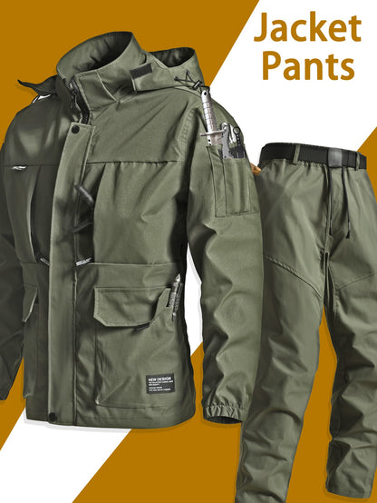 Men's Workwear Set - Hooded Multi-Pocket Jacket & Pants