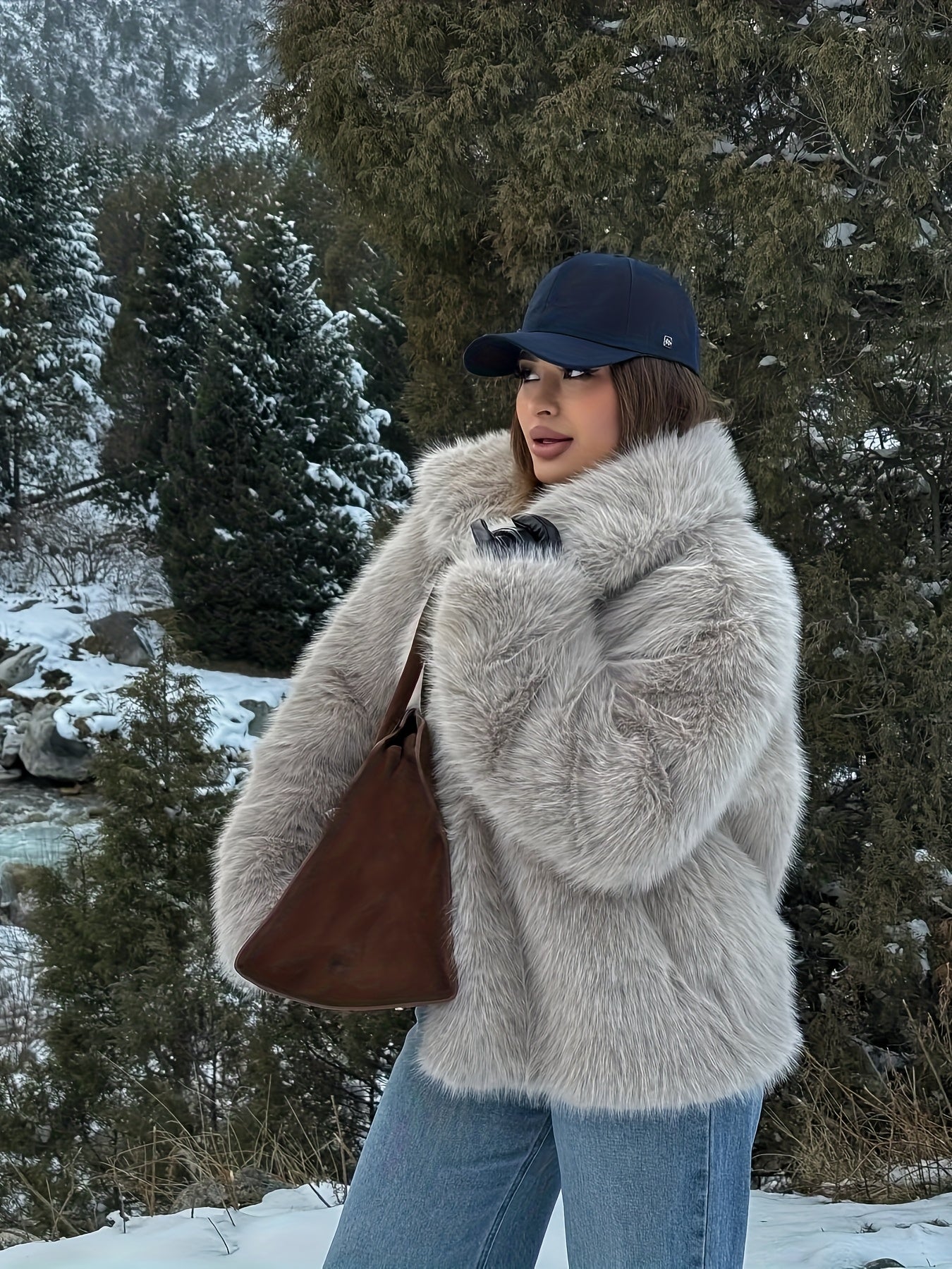 Women's Elegant V-Neck Faux Fur Coat - Solid Color Winter