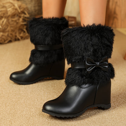 Women's Plush-Lined Winter Boots - Slip-On Mid-Calf Bow Detail