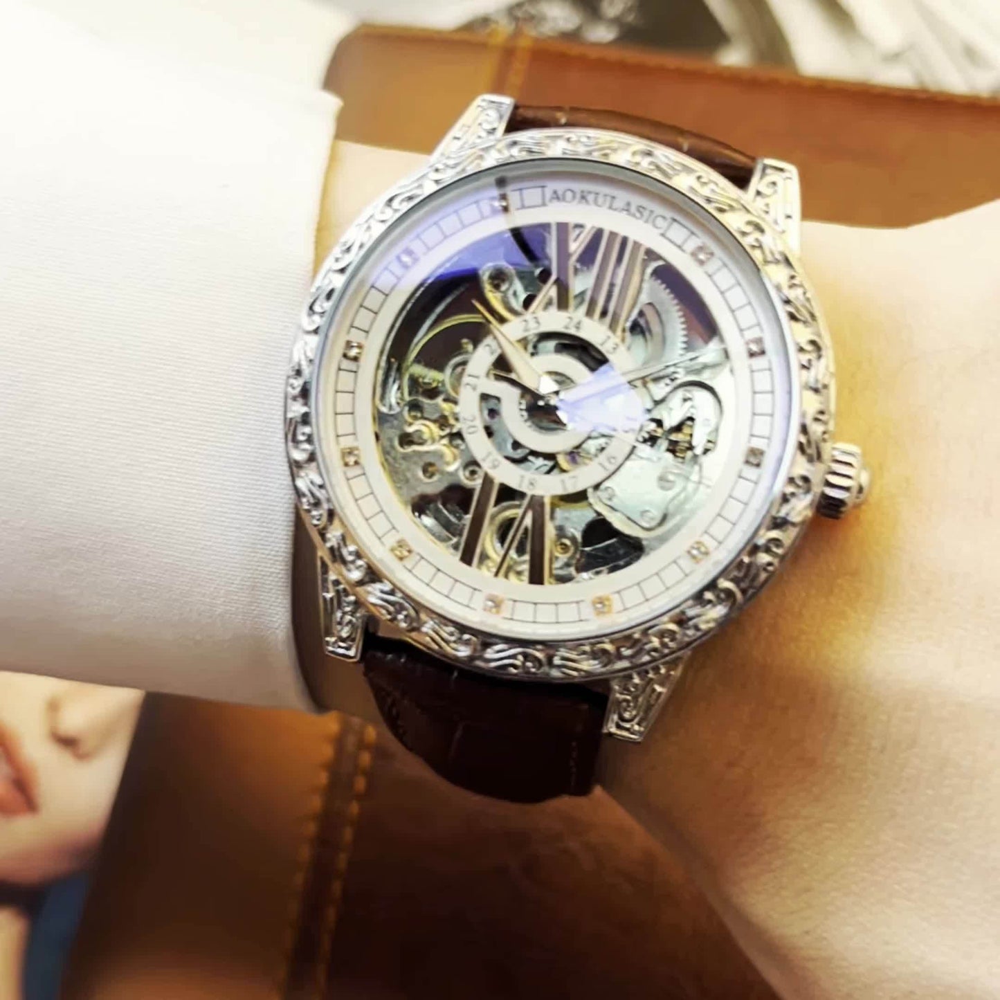 AOKULASIC Men's Luxury Tourbillon Skeleton Automatic Watch