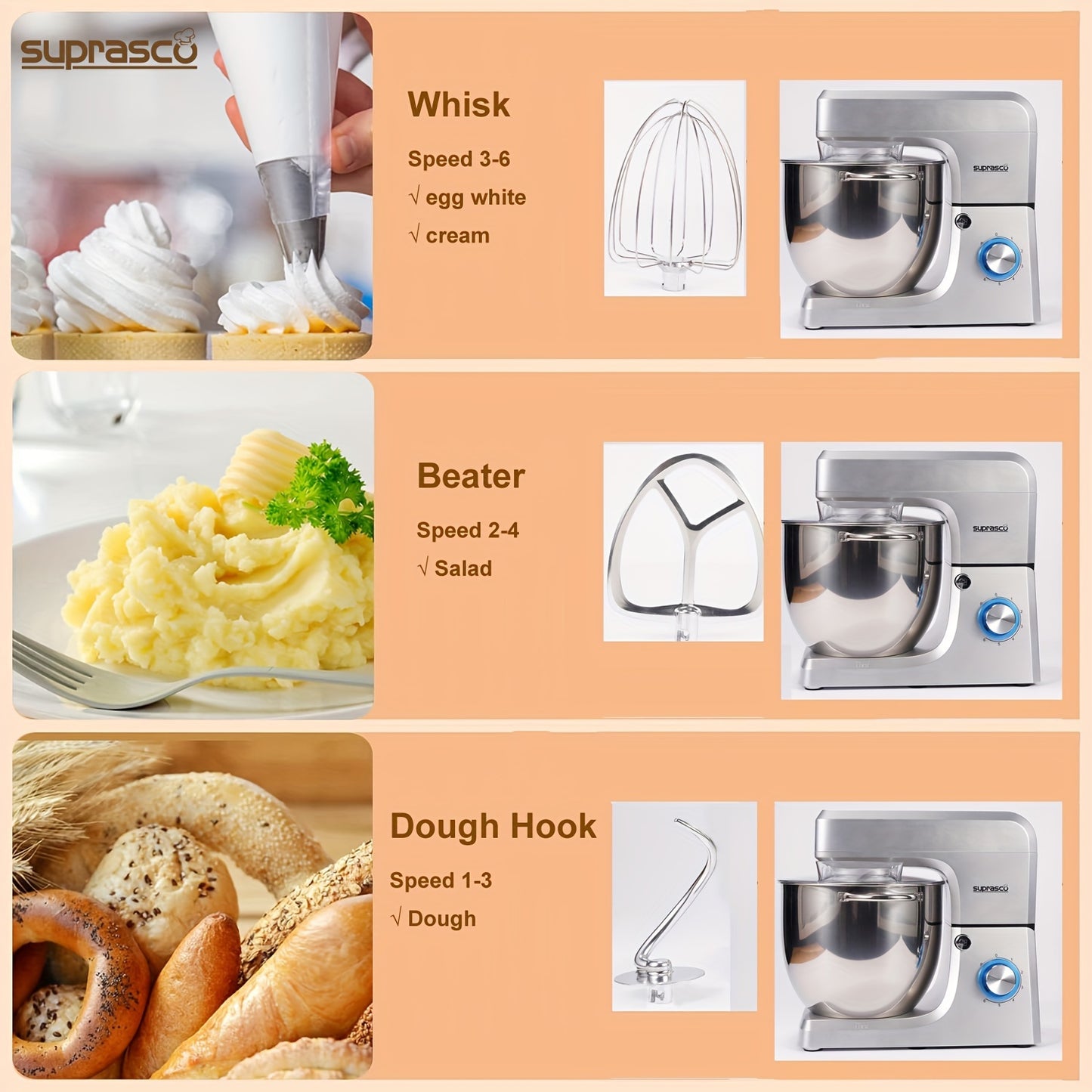 SUPRASCO 10L Stand Mixer 1500W - Dough Hook Beater Whisk