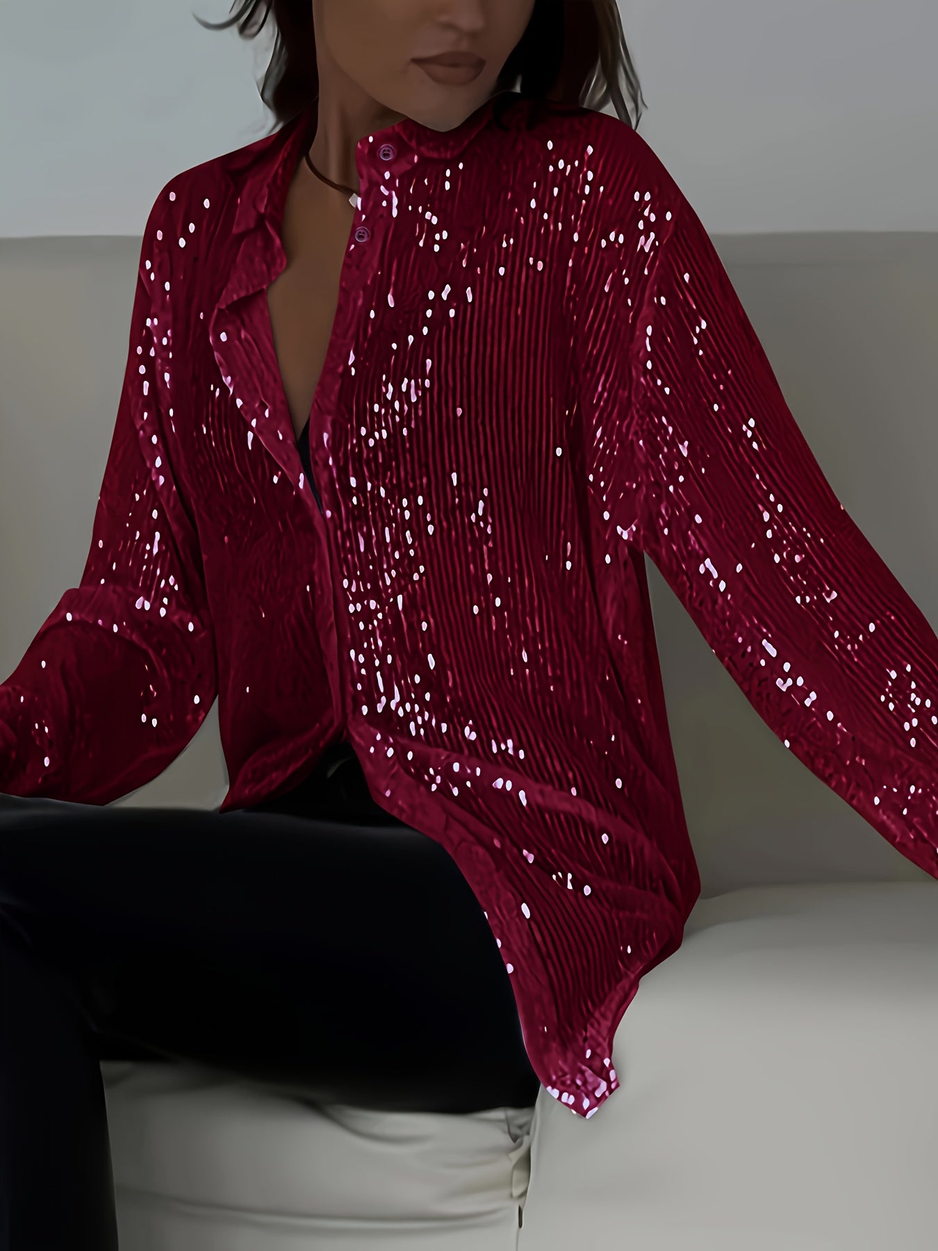 Plus Size Elegant Sequined Long-Sleeve Shirt - Lapel Collar