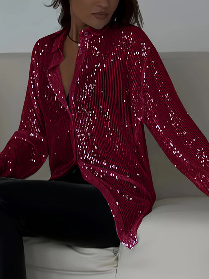 Plus Size Elegant Sequined Long-Sleeve Shirt - Lapel Collar