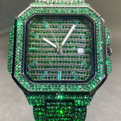 MISS FOX Square Rhinestone Quartz Watch - Green Dial Unisex IP65
