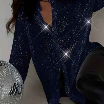 Plus Size Elegant Sequined Long-Sleeve Shirt - Lapel Collar