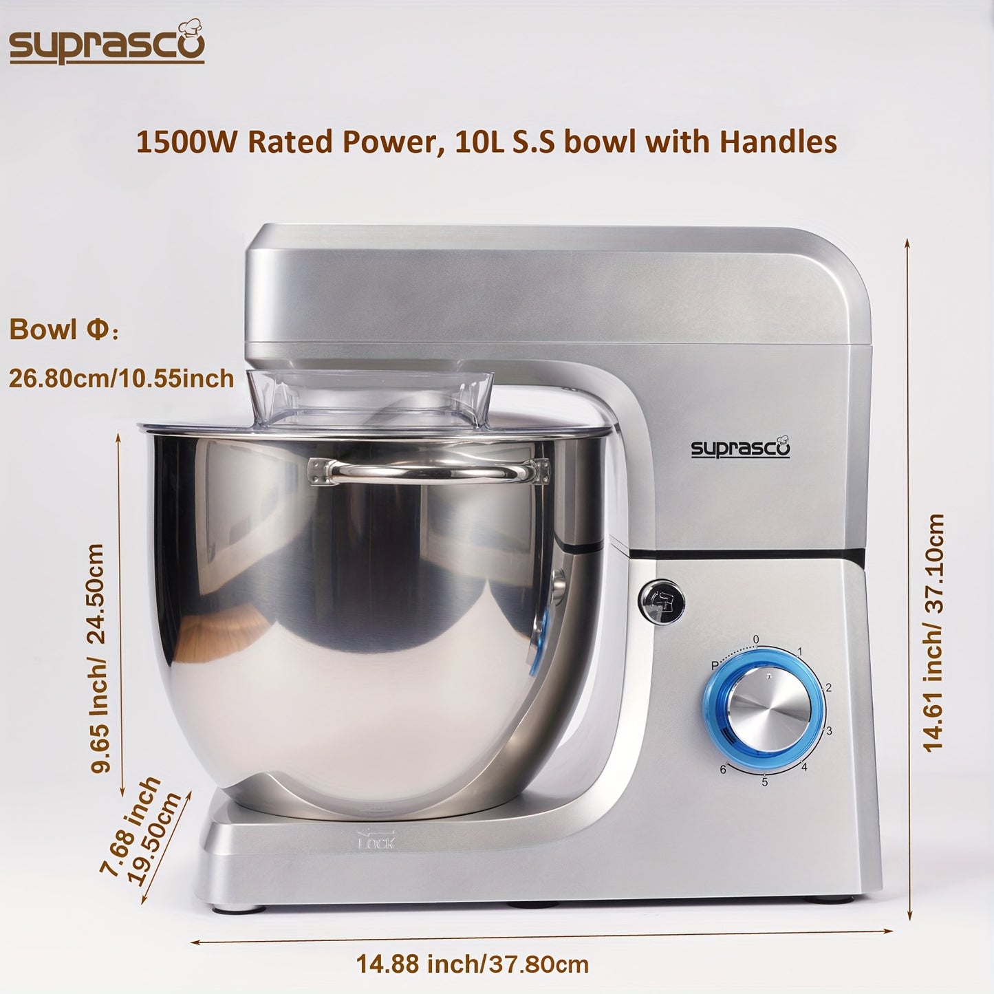 SUPRASCO 10L Stand Mixer 1500W - Dough Hook Beater Whisk