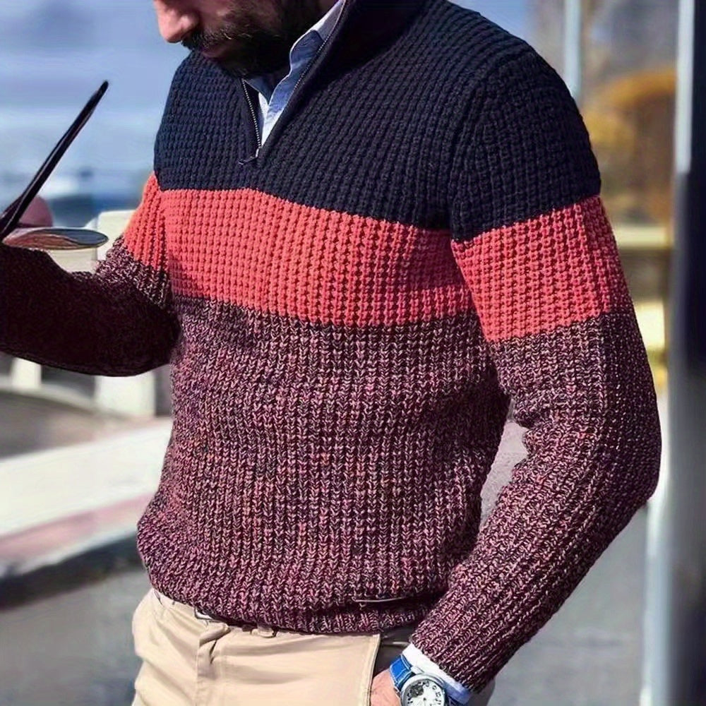 Men's Half-Zip Striped Sweater - Stand Collar Color Block