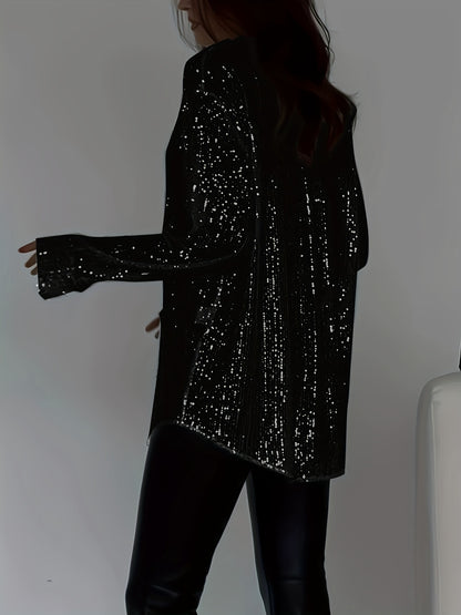 Plus Size Elegant Sequined Long-Sleeve Shirt - Lapel Collar