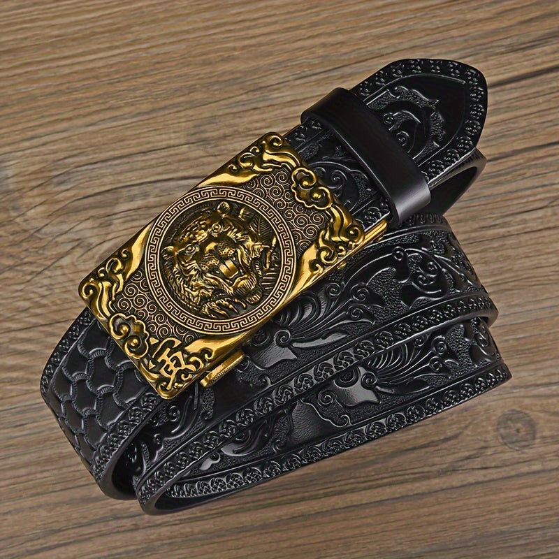 Vintage Genuine Leather Belt - Tiger Head Automatic Buckle