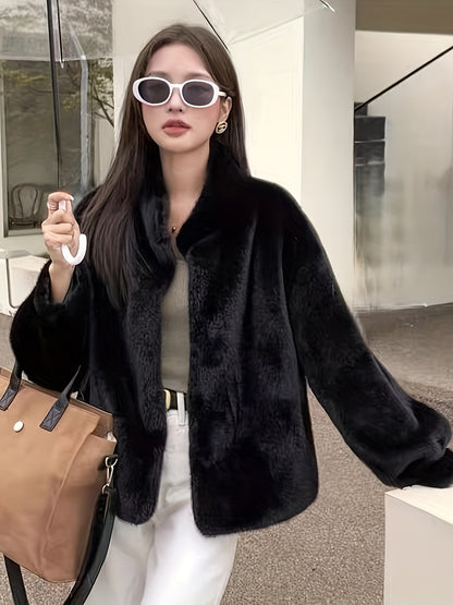 Faux Fur Open Front Fuzzy Coat, Elegant Long Sleeve Warm Outerwear For Fall & Winter, Women's Clothing