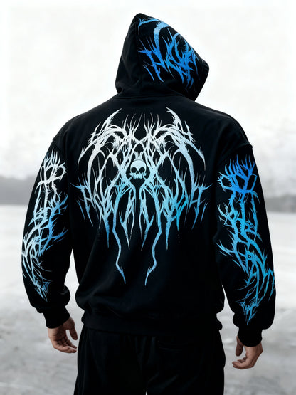 Men's Gothic Skull Print Zip Hoodie - Loose Fit with Pockets