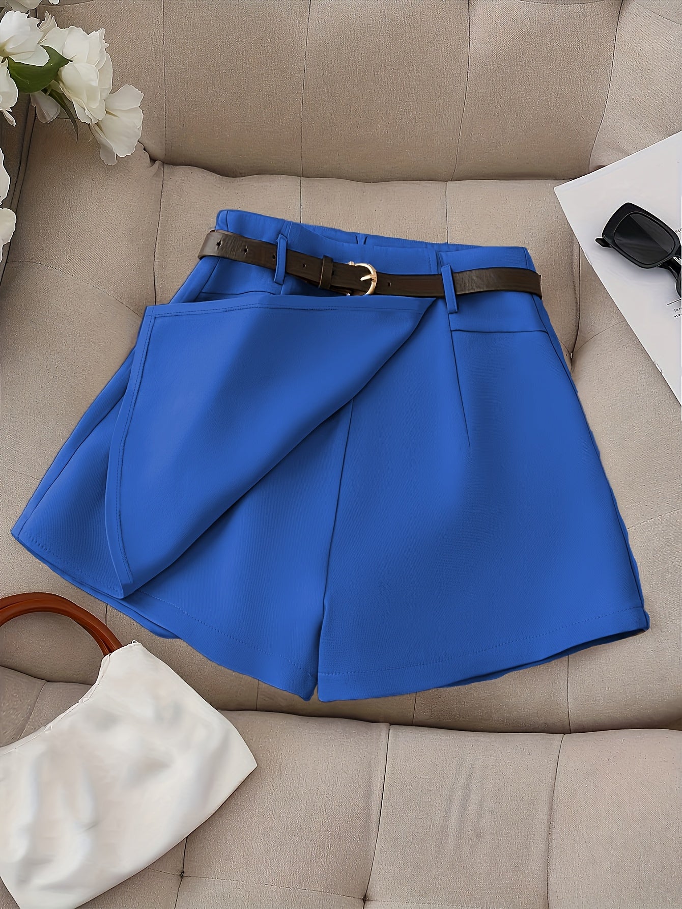 Women's Fashion Solid Color Shorts - Faux Pocket with Belt