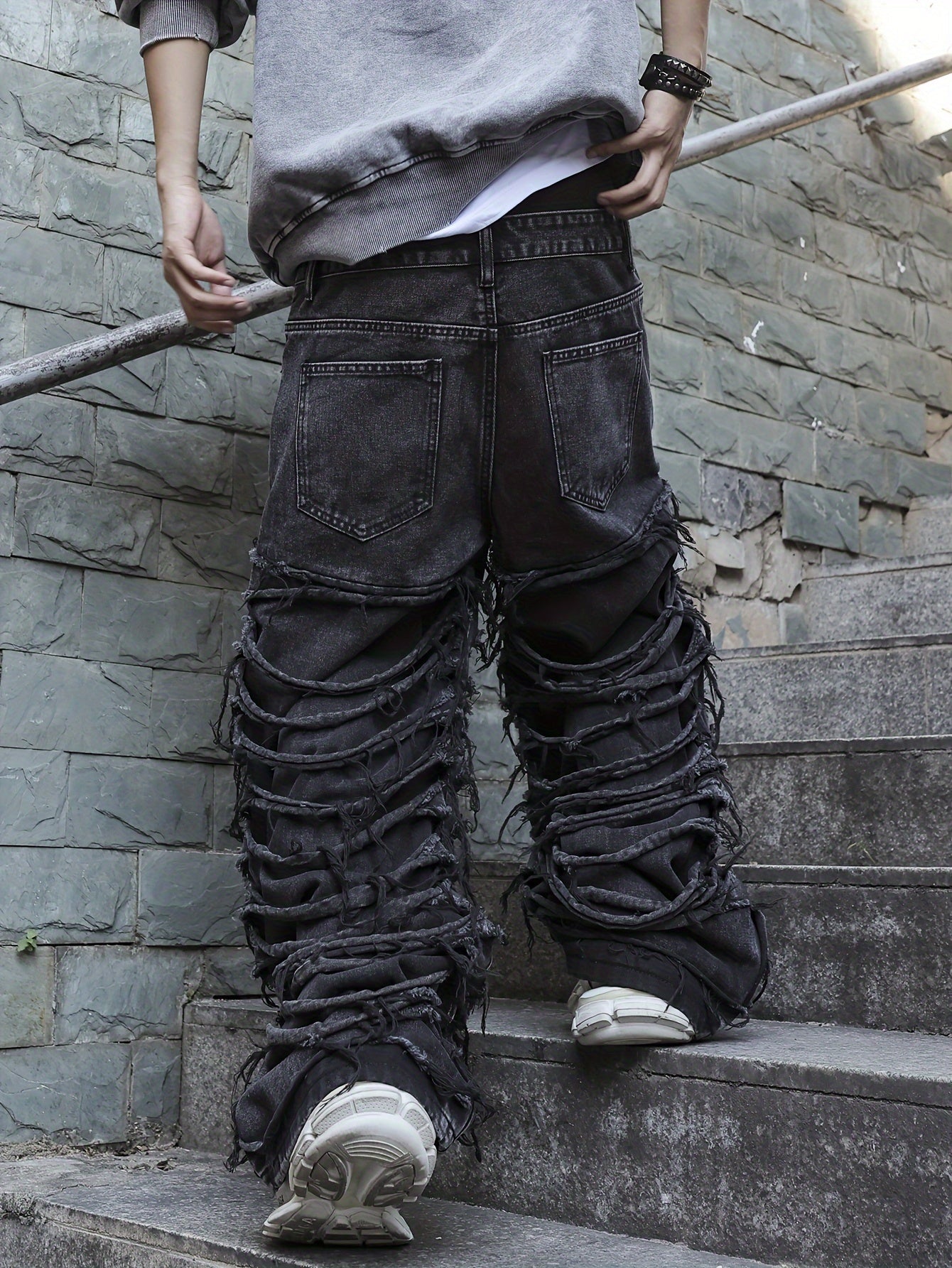 Men'S Streetwear Denim Wide-Leg Pants - Distressed, Loose Fit, Black, Casual Style, All-Season Wear, Non-Stretch Fabric, Perfect for Weekend Outings, Streetwear Fashion | Distressed Denim | Nonstretch Fabric