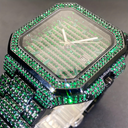 MISS FOX Square Rhinestone Quartz Watch - Green Dial Unisex IP65