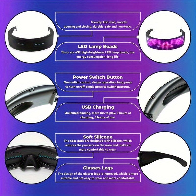 Full-Color LED Glasses - App Control Programmable for Raves & Parties