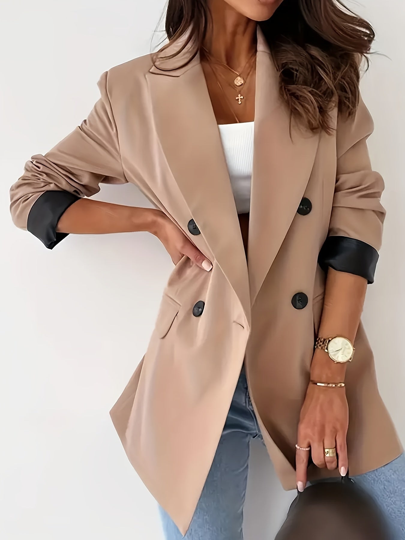 Women's Double Breasted Lapel Blazer - Elegant Long Sleeve