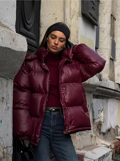 Women's Elegant Warm Coat - Hooded Zipper Button Red